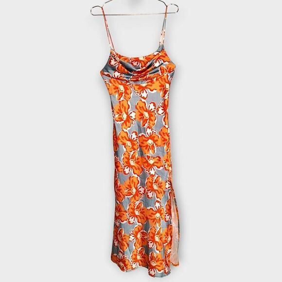 Saints & Secrets Womens Dress Sz Medium Orange Floral Silk Strappy‎ Midi Coastal - Picture 1 of 13